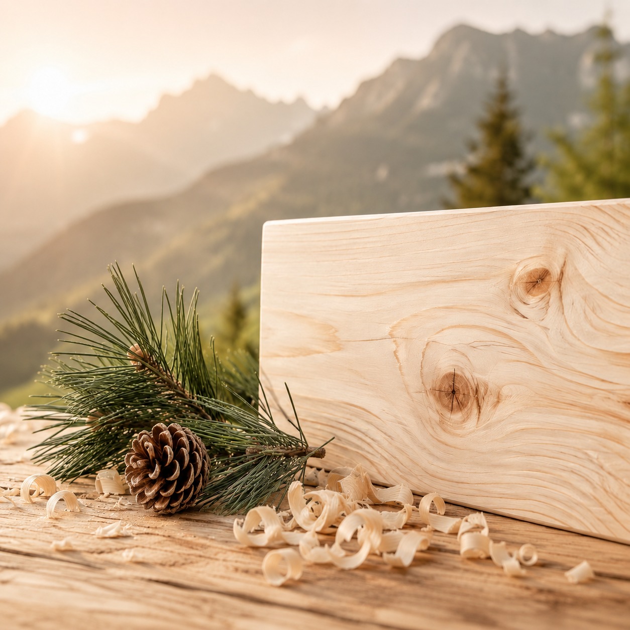 Zirbenholz mit alpiner Bergkulisse, Zirbenzweig und Holzspänen